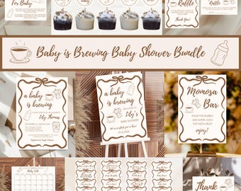 Baby is Brewing Baby Shower Invite, Games, and Signs Bundle, Coffee Theme Baby Shower Bundle, Editable Canva Templates