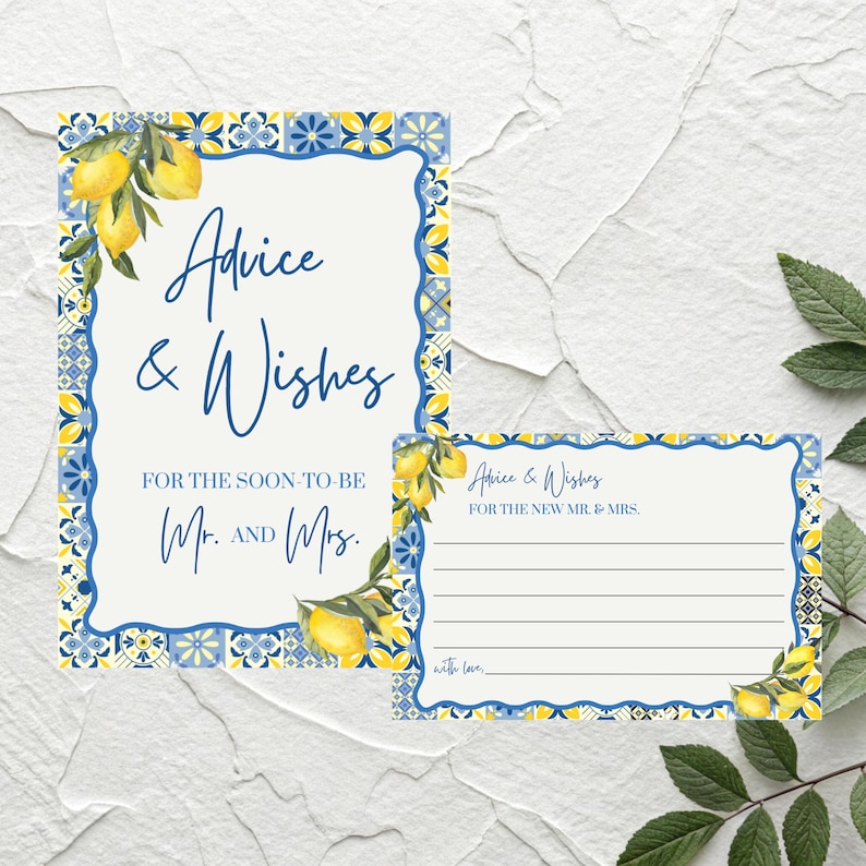 May include: Two wedding advice and wishes cards. The cards have a white background with blue and yellow decorative borders and lemon illustrations. The text "Advice & Wishes" is written in blue script.