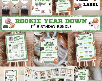 Rookie Year 1st Birthday Invitation & Signs Full Bundle, 1st Birthday Sports-Themed Bundle, Editable Canva Templates
