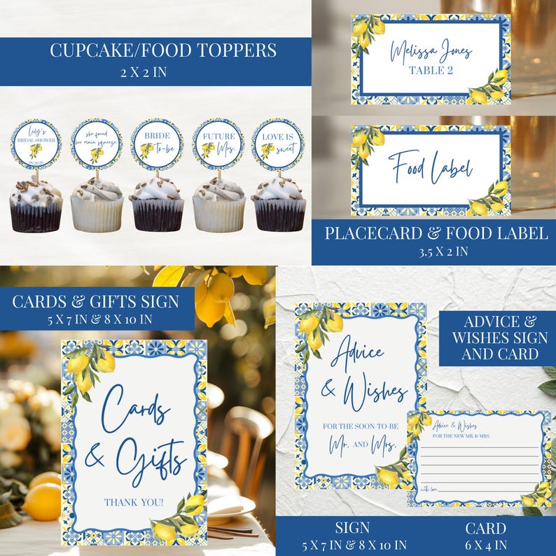 May include: A collection of wedding stationery with a lemon theme. Includes cupcake toppers, place cards, food labels, a sign for cards and gifts, and an advice and wishes sign. The designs feature blue and white tile patterns and lemon illustrations.