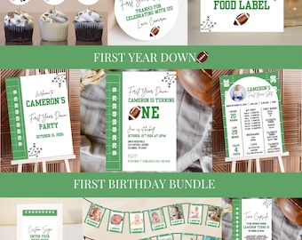 Football 1st Birthday Invitation & Signs Bundle (Canva Templates)
