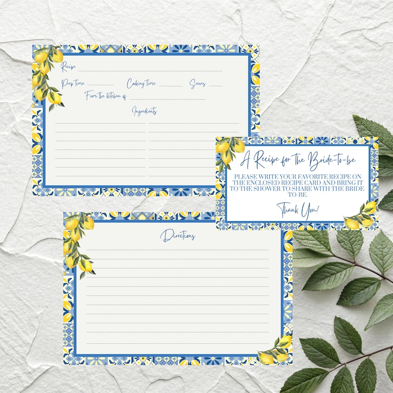 May include: Set of recipe cards with a lemon and blue tile design. The cards include spaces for recipe details, directions, and a special card that says "A Recipe for the Bride-to-be". The cards are decorated with lemon and floral accents.