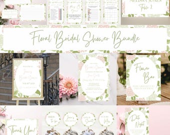 Floral Bridal Shower Invitation, Games, & Signs Full Bundle, Spring Bridal Shower Bundle, Editable Canva Templates