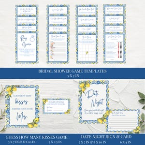 May include: A collection of bridal shower game templates and signs with a blue and yellow lemon theme. The games include "Ring Game", "Guess How Many Kisses", and "Date Night" signs. The dimensions are 5 x 7 inches, 8 x 10 inches, 3 x 2.5 inches, and 6 x 4 inches.