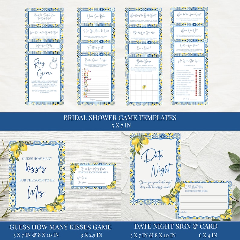 May include: A collection of bridal shower game templates and signs with a blue and yellow lemon theme. The games include "Ring Game", "Guess How Many Kisses", and "Date Night" signs. The dimensions are 5 x 7 inches, 8 x 10 inches, 3 x 2.5 inches, and 6 x 4 inches.
