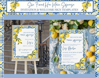 She Found Her Main Squeeze Bridal Shower Invite & Welcome Sign Templates, Blue Citrus Bridal Shower, Lemon Bridal Shower Bundle
