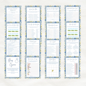 May include: A collection of bridal shower game cards with blue and yellow decorative borders. The cards feature various games, including "Ring Game" and "He Said She Said". The overall theme is a bridal shower.