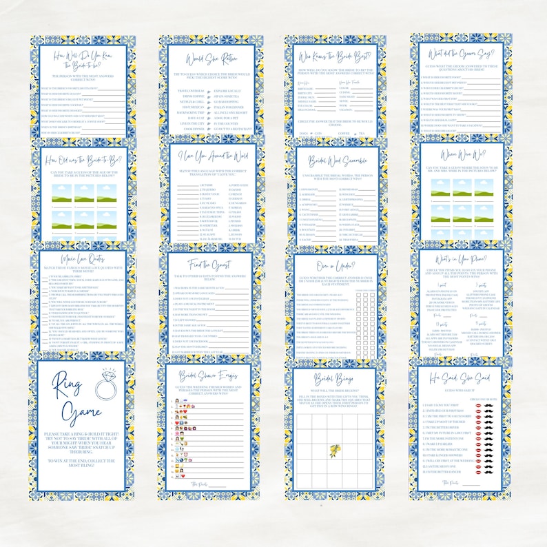 May include: A collection of bridal shower game cards with blue and yellow decorative borders. The cards feature various games, including "Ring Game" and "He Said She Said". The overall theme is a bridal shower.