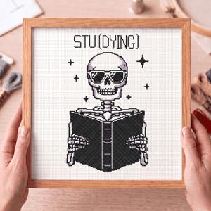 May include: Cross-stitch art in a wooden frame featuring a skeleton wearing sunglasses and reading a book. The text "STU(DYING)" is above the skeleton. The design is in black and white with small star accents.