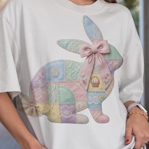 Quilted Bunny PNG, Faux Patchwork Easter SVG, Coquette Floral Patchwork Shirt Design, Cottagecore Spring Sublimation