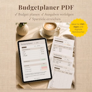 Könnte beinhalten: Ein digitaler Budgetplaner als PDF auf einem Tablet-Bildschirm neben ausgedruckten Seiten. Das Dokument enthält Tabellen zur Erfassung von Einnahmen, Ausgaben und Sparzielen für das Jahr 2026 mit dem Text Budgetplaner und Budget planen.
