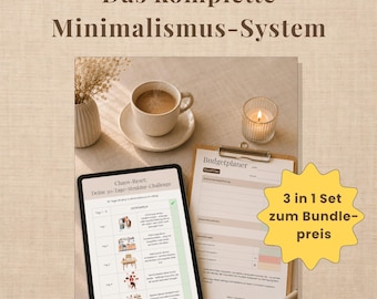 May include: A digital tablet displaying a 30-day structure challenge, a clipboard with a budget planner, a coffee cup, and a candle. The text reads Das komplette Minimalismus-System, Chaos-Reset: Deine 30-Tage-Struktur-Challenge, Budgetplaner, and 3 in 1 Set zum Bundle-preis.