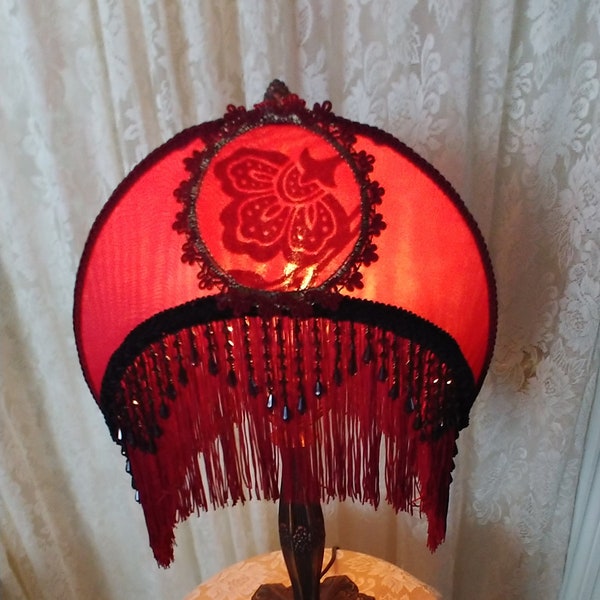 Half Moon Cranberry Silk Lampshade with Vintage Lamp