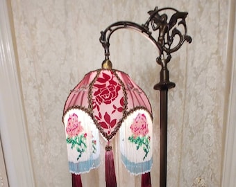 Vintage Victorian Bridge Lamp with Angel Design arm, has a Beautiful Silk Shade, with Long Glass Floral Bead Fringe