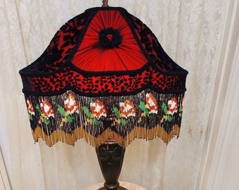 Red Roses Glass Bead Fringe on Victorian Style Table Lamp