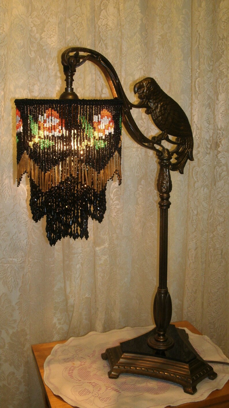 All Bead Lamp Shade Roses On Black Only Shown Vintage Image 0