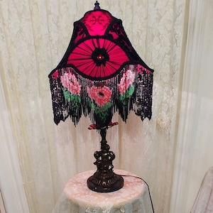 Gothic Black Marble 23" Vintage Table Lamp with Crimson & Black silk Lampshade