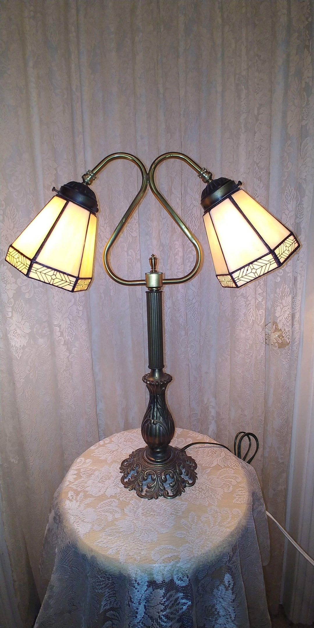 Vintage Double Arm Table Lamp Has Deco Lead Glass Shades Etsy