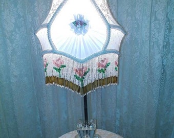 White Silk Victorian Lampshade with Floral Bead Fringe on Vintage Glass Lamp: Hand Sewn