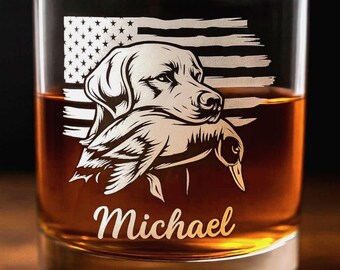 Engraved Duck Dog Whiskey Glass • Hunting Gift • Personalized Gift