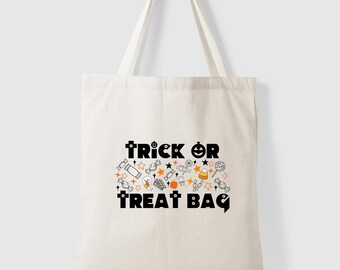 May include: A white canvas tote bag with black text that reads "Trick or Treat Bag" surrounded by Halloween themed icons.
