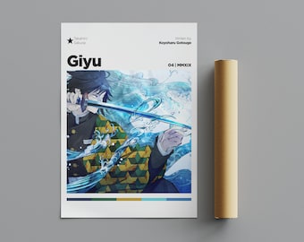 Póster de Giyu Tomioka, póster minimalista, póster de anime, arte mural, decoración de pared, pósteres verticales mate premium, calidad 4K, póster de película
