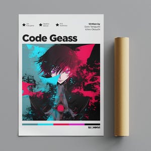 Op de afbeelding: Een poster voor de anime-serie Code Geass. De poster toont een personage met zwart haar en paarse ogen, dat een zwart pak draagt. Het personage is omringd door een blauw en roze abstract ontwerp. De tekst "Code Geass" staat in vetgedrukte witte letters bovenaan de poster. De poster bevat ook de tekst "Geschreven door Goro Taniguchi en Ichirou Okouchi" en "10 | MMVI".