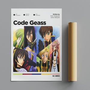 May include: A poster for the anime series Code Geass. The poster features a collage of characters from the show, including Lelouch Lamperouge, Suzaku Kururugi, C.C., and Kallen Stadtfeld. The poster is in a vibrant color scheme with a black background and white text. The text on the poster reads "Code Geass" and "Written by Goro Taniguchi, Ichirou Okouchi".
