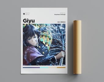 Póster de Giyu Tomioka, póster minimalista, póster de anime, arte mural, decoración de pared, pósteres verticales mate premium, calidad 4K, póster de película