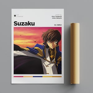 May include: A poster featuring a character from the anime series Code Geass. The character, Suzaku Kururugi, is depicted in his Knightmare Frame, Lancelot, with a sunset background. The poster includes the title "Suzaku" and the character's name, "Yuri Lowenthal", in the top left corner. The poster also includes the text "Written by Goro Taniguchi, Ichirou Okouchi" and "10 | MMVI" in the top right corner.
