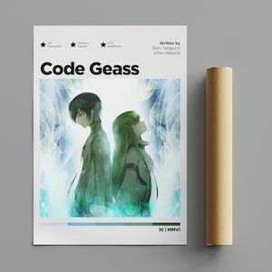 Könnte beinhalten: Ein Poster für die Anime-Serie Code Geass. Das Poster zeigt zwei Charaktere, einen jungen Mann mit schwarzen Haaren und eine junge Frau mit grünen Haaren, die Rücken an Rücken stehen. Das Poster ist vor einem blauen und weißen Hintergrund mit einem hellblauen und grünen Farbstreifen am unteren Rand platziert. Der Text "Code Geass" steht in fetten schwarzen Buchstaben oben auf dem Poster. Der Text "Geschrieben von Goro Taniguchi Ichirou Okouchi" steht in schwarzen Buchstaben unter dem Titel. Der Text "10 | MMVI" steht in schwarzen Buchstaben in der unteren rechten Ecke des Posters.