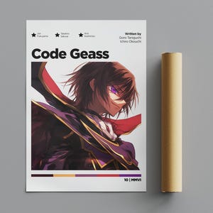 Op de afbeelding: Een poster voor de anime-serie Code Geass met een personage met paarse ogen en zwart haar dat een zwart-paarse outfit draagt met een rode cape. De poster heeft de titel "Code Geass" in vetgedrukte witte letters en de tekst "Geschreven door Goro Taniguchi Ichirou Okouchi" in zwarte letters. De poster heeft ook het nummer "10" en het jaar "MMVI" in zwarte letters.