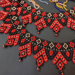 Red necklace elegant beaded necklace in ethno boho style Ukrainian beaded necklace SILYANKA  Beaded collar Czech glass Handmade