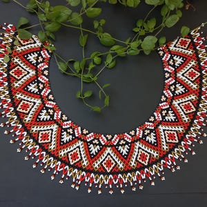 Red necklace elegant beaded necklace in ethno boho style Ukrainian beaded necklace SILYANKA kriz Beaded collar Czech glass Handmade