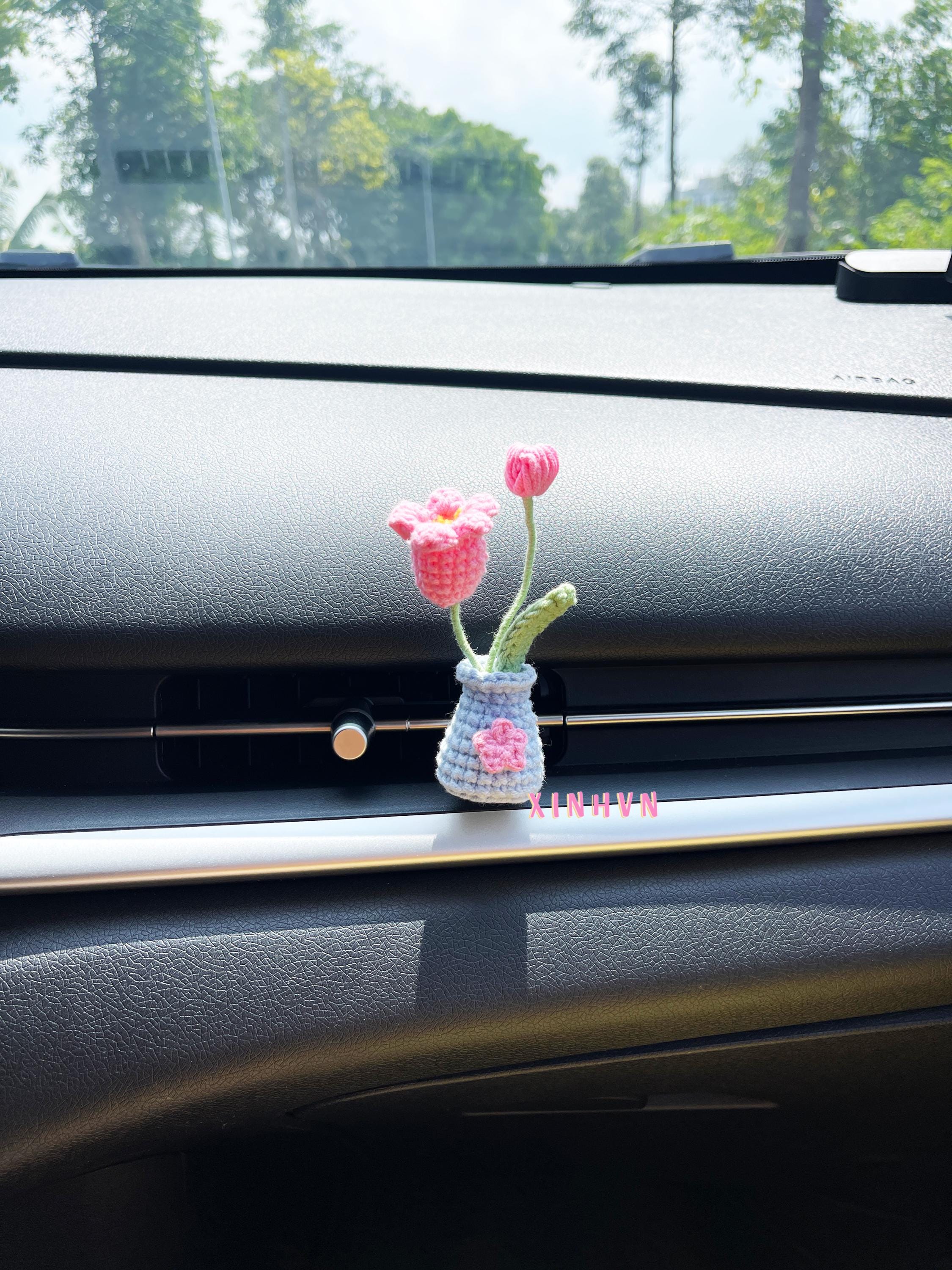 Crochet Mini Flower Vase Car Vent Clip, Lily of the Valley