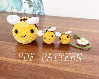 PATROON: amigurumi-hommel, gehaakt bij-sleutelhangerpatroon, gehaakt bij-bladwijzerpatroon