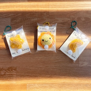 Könnte beinhalten: Drei gehäkelte Artikel in durchsichtigen Plastiktüten. Einer ist ein gelber Stern mit dem Text "You're a STAR. Keep & Amazing." Ein weiterer ist eine Sonne mit dem Text "A little shine TO BRIGHTEN YOUR DAY." Der dritte ist ein Halbmond mit dem Text "I love you more... back!"