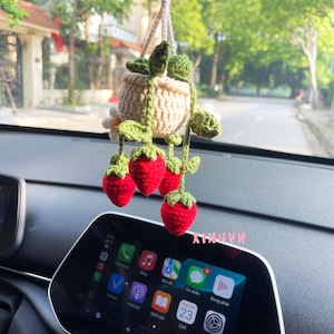 Crochet strawberry plant for car hanging, cute crochet hanging plant, crochet hanging strawberry plant, cute car decor, new car gift