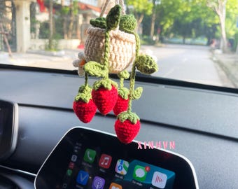Crochet strawberry plant for car hanging, cute crochet hanging plant, crochet hanging strawberry plant, cute car decor, new car gift