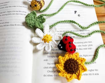 Lindos marcapáginas de crochet con forma de girasol, margarita, trébol de cuatro hojas, mariquita y abeja, un bonito regalo para profesores, amantes de los libros y para la vuelta al cole.