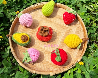 Crochet fruit keychain, crochet apple/ avocado/ lemon/ peach/ pear/ persimmon/ strawberry bag charm, bag decor,  gift for women