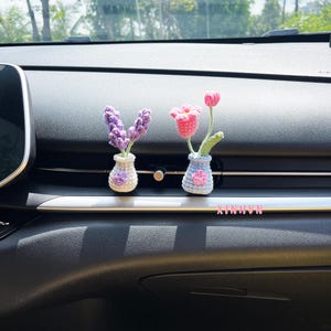 Crochet mini flower vase car vent clip, lily of the valley/daffodils/ tulip/ lavender, car decor, new car gift