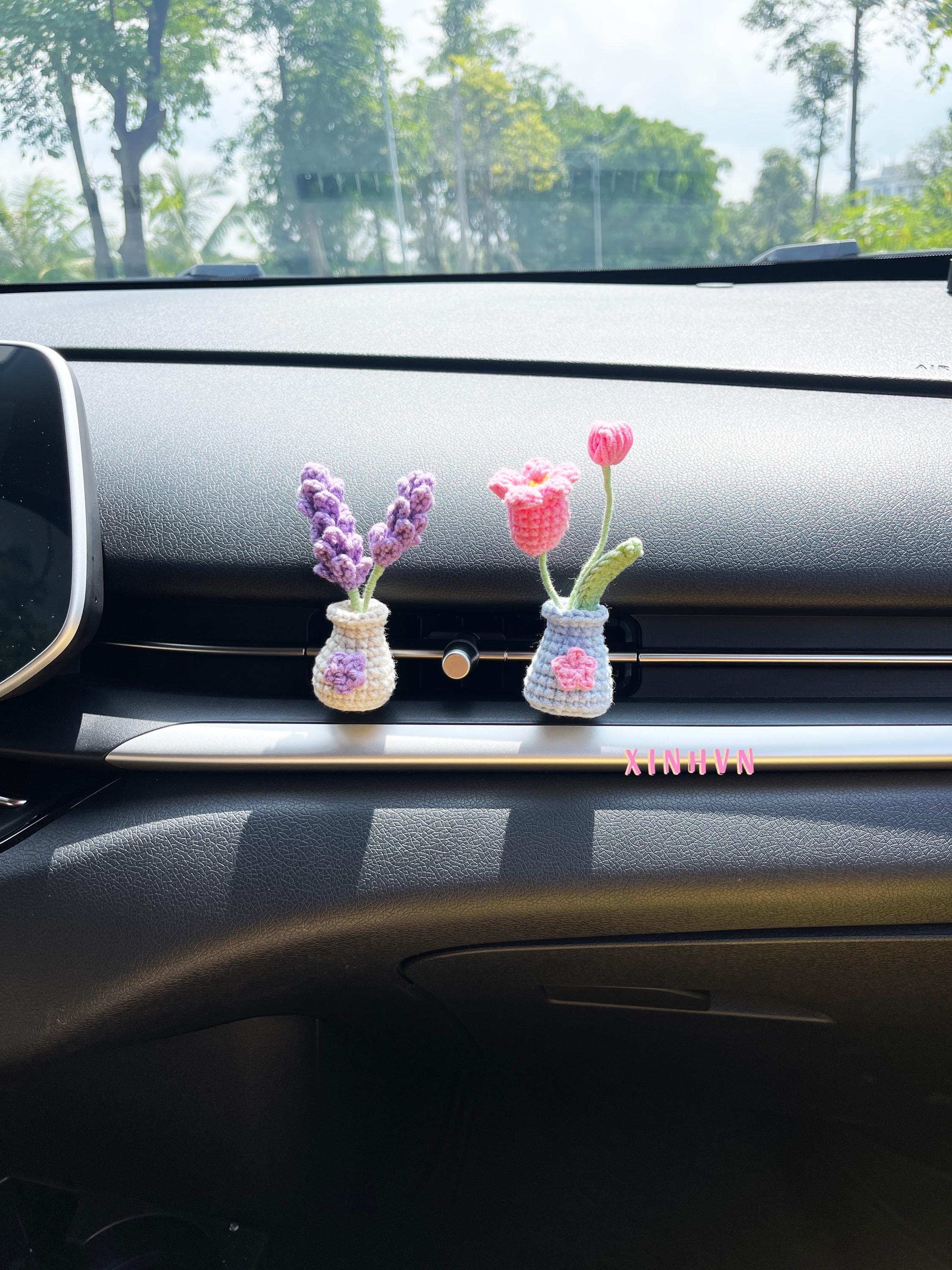 Crochet Mini Flower Vase Car Vent Clip, Lily of the Valley