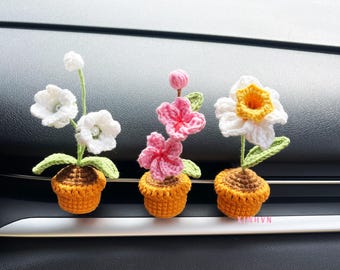 Crochet flower plant car vent clip, lily of the valley/daffodils/ cherry blossom/carnation/monstera/anthurium flower,car decor, new car gift