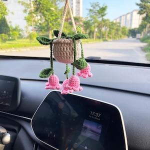 Crochet lily of the valley plant for car hanging, cute crochet hanging plant, crochet hanging lily of the valley, cute car decor