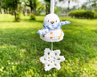 Handmade Crochet Snowman Ornament with Snowflake Charm, Car Charm, Winter Amigurumi Decoration, Christmas decorations, New year gift