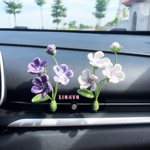 Handmade crochet plum flower car air vent clip, crochet plum flower bouquet, floral car decoration,  cute interior accessory, new car gift