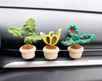 かぎ針編みの植物の車の通気口クリップ、かぎ針編みのモンステラ/サンセベリア/食虫植物の通気口クリップ、かわいい車の装飾、かぎ針編みのギフト、新車ギフト