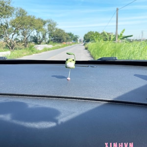 May include: A small, crocheted frog car charm with a green leaf and white body, hanging from a pink string. The charm is on a dark dashboard with the text "XINHVN" visible. The background shows a road and blue sky.