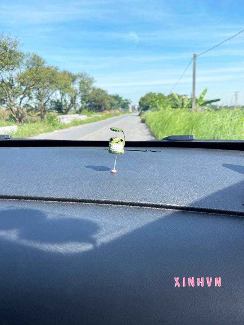 May include: A small, crocheted frog car charm with a green leaf and white body, hanging from a pink string. The charm is on a dark dashboard with the text "XINHVN" visible. The background shows a road and blue sky.